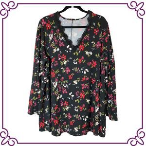 Lane Bryant Long Sleeve Black Floral V-Neck Tunic Top Size 18 / 20